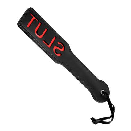 Black paddle with backwards red lettering