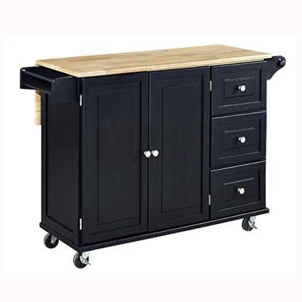 black rolling kitchen island with wood drop-leaf top