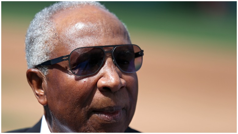 Wife of former Baltimore Oriole Frank Robinson Barbara, center, and  daughter Nichelle, right, wipe tears during a memorial ceremony before the  Baltimore Orioles and New York Yankees baseball game, Saturday, April 6