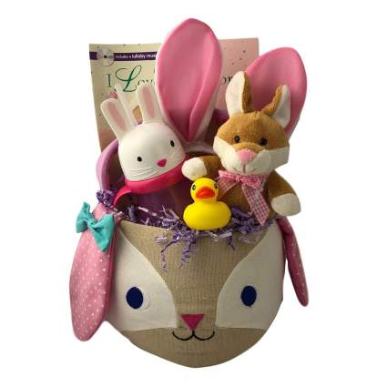 Basket in the shape of a rabbit with easter goodies