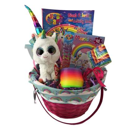 basket of rainbow unicorn toys