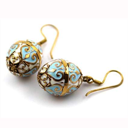 blue enameled bronze easter egg dangle earrings