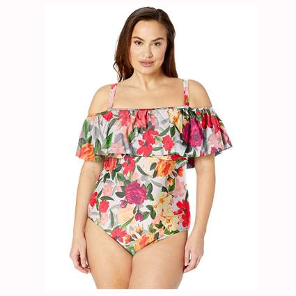 floral print ruffle shoulder one piece swimsuit