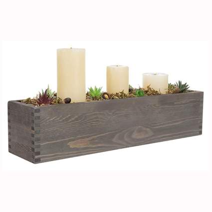 wooden box candle and succulent centerpiece