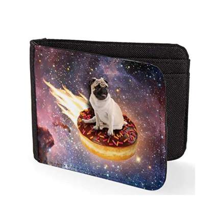 Wallet with picture of a pug riding a donut