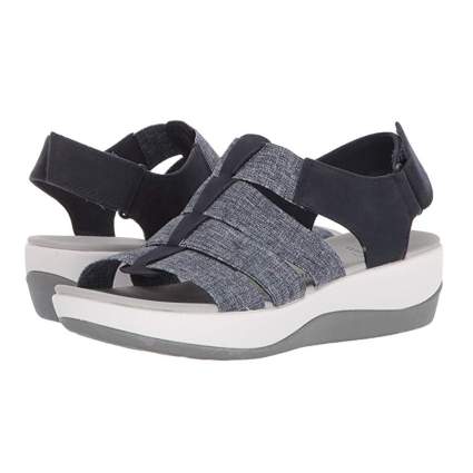 navy and white stretch strap platform sandals