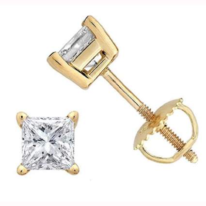 yellow gold princess cut diamond stud earrings