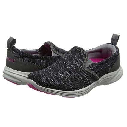 heathered black and pink athletic shoes