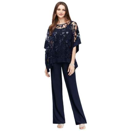 Sequin Lace Pantsuit with Sheer Poncho Style