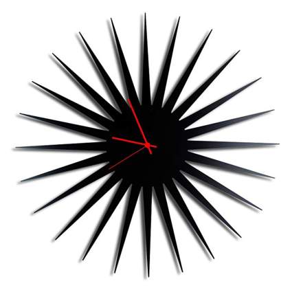black metal starburst clock with red hands
