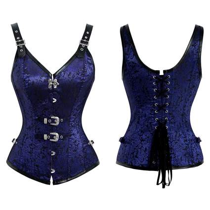 blue jaquard overbust corset with buckles