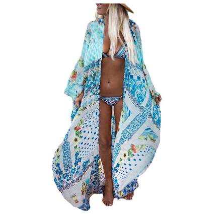 aqua and white print open front beach cover up