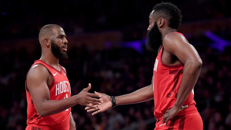 Chris Paul #3 and James Harden #13 of the Houston Rockets