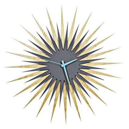 maple and gray starburst clock with blue hands