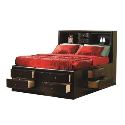 Phoenix Eastern King Bookcase Bed with Underbed Storage Drawers Cappuccino