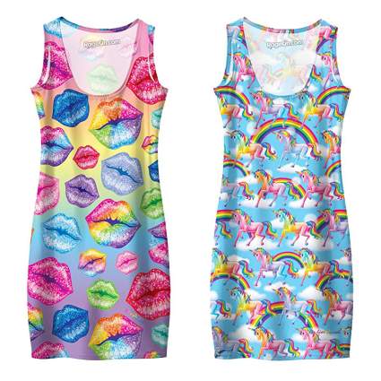 Dresses with rainbows and lips and unicorns on them