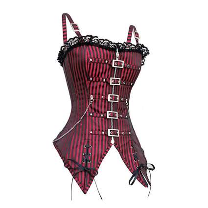 red and black striped zip front steampunk corset