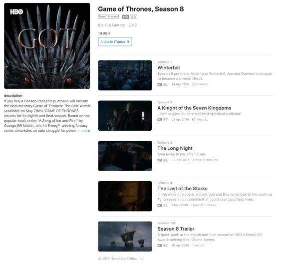 Game of Thrones Season 8 iTunes in Denmark