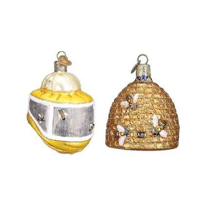 Set of Bee Skep and Beekeeper's Hood Christmas Ornaments