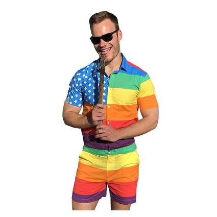 Man in rainbow flag romper