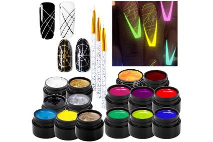 Set of glowing and standard jars of spider elastic gel with swatches