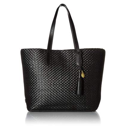 woven black leather tote bag