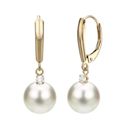 yellow gold pearl and diamond drop earrings