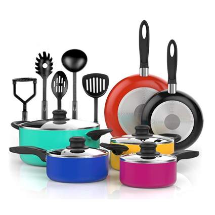 colorful pots and pans set
