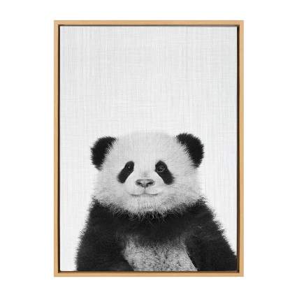 Decorative black and white panda bear portrait printed on framed gallery wrapped canvas Metal sawtooth hangers come attached on the inset MDF back for easy wall display