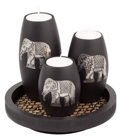 Three Wooden Candle Holders With Candle Tray