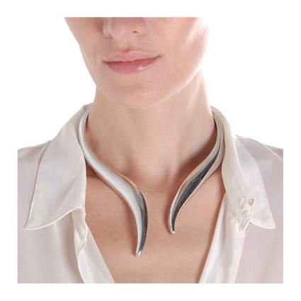silver asymmetrical open collar necklace