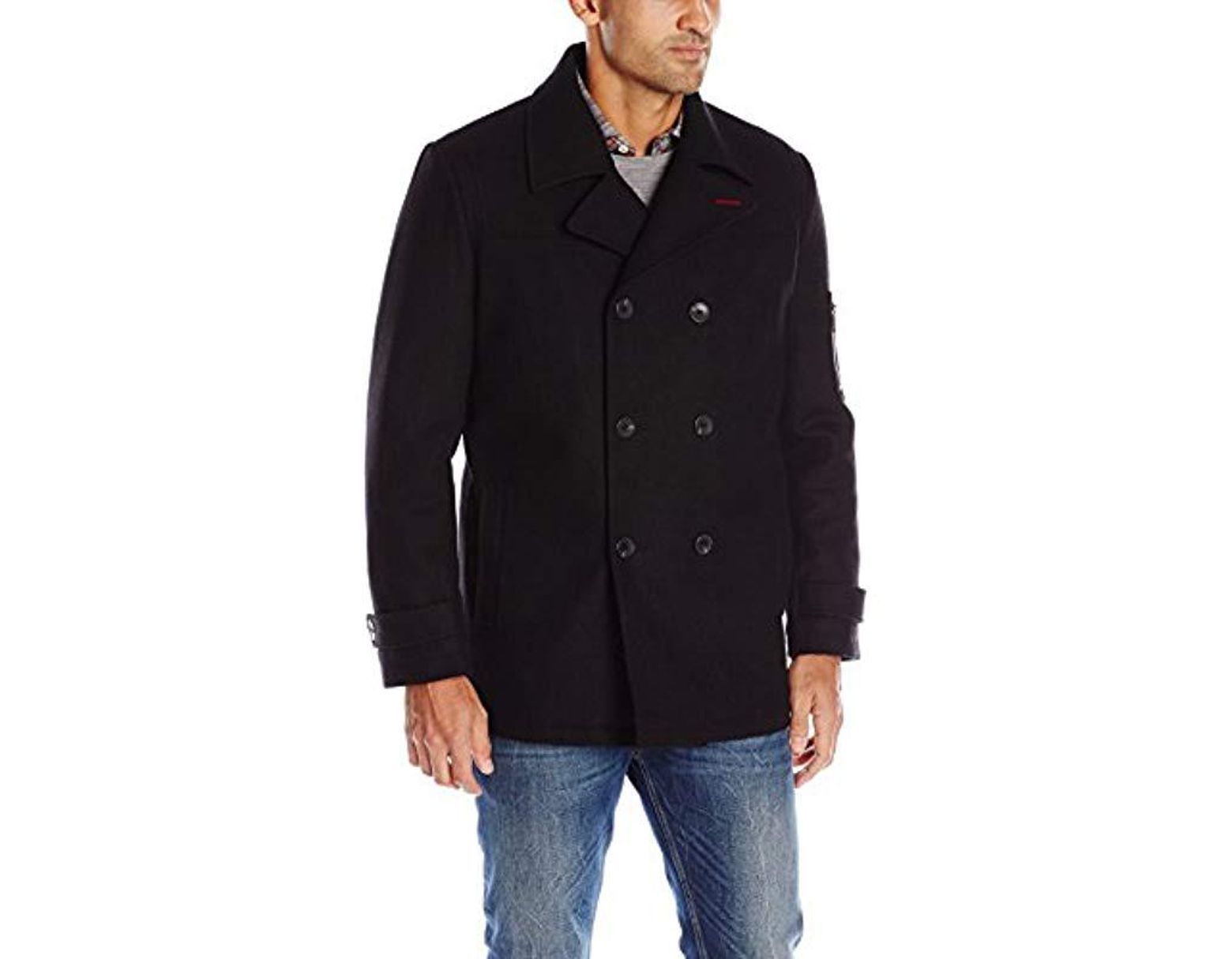 Topfly® Mens Classic Double Breasted Wool Blend Trench Pea Coat Patch Jacket