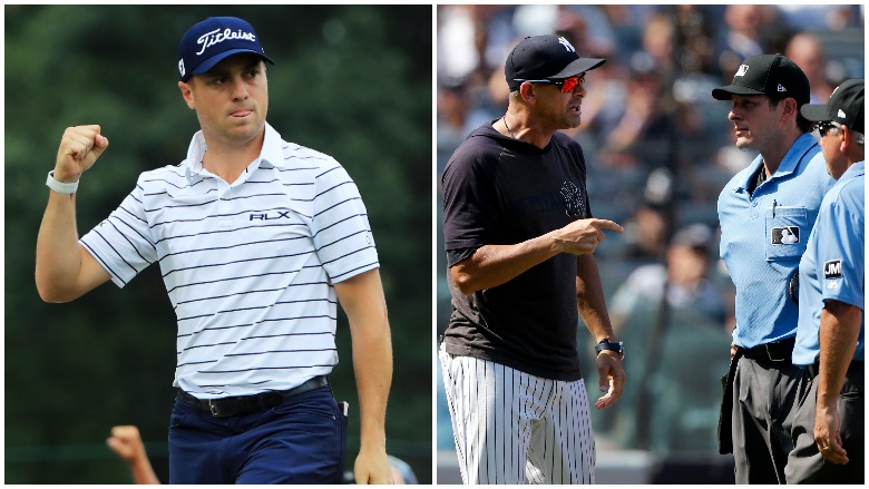 Justin Thomas sets course record at Medinah and Aaron Boone gets ejected from Yankees game against the Indians.