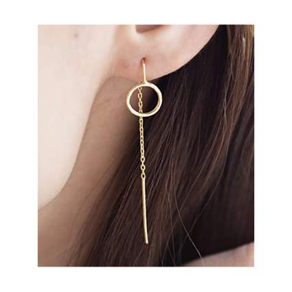 gold round hoop tassel threader earrings