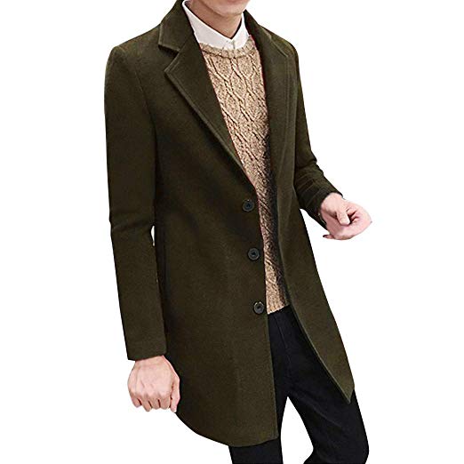 ONTBYB Mens Lapel Long Sleeve Wool Blend Double Breasted Short Pea Jacket