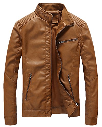 Springrain Mens Casual Stand Collar Slim PU Leather Sleeve Bomber Jacket