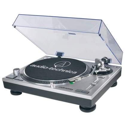 silver and black professional turntable