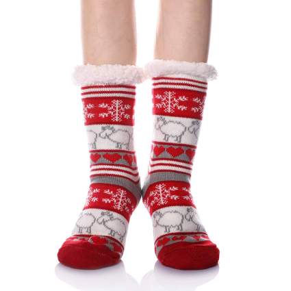 fuzzy christmas socks with sheep