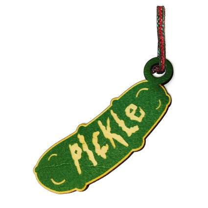 A pickle that says the word pickle on it