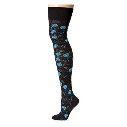 blak and blue floral over the knee socks