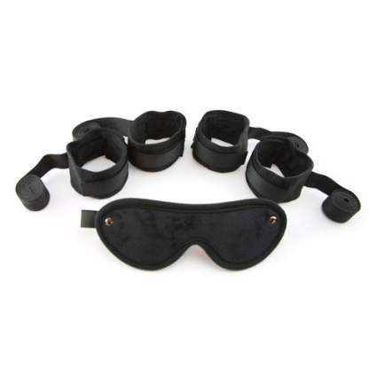 two sets of black cuffs and a blindfold