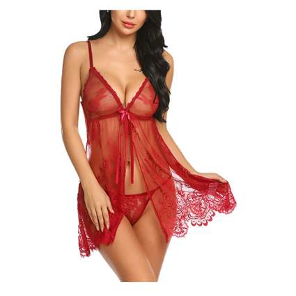 red sheer lace open front babydoll