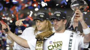 Aaron Rodgers on stage after winning Super Bowl with Packers