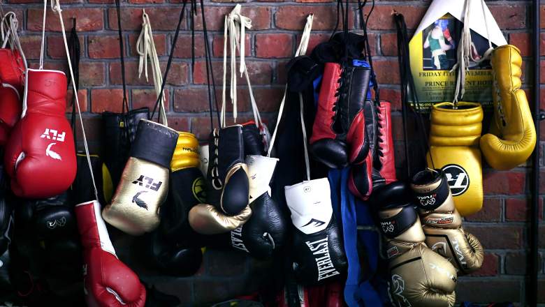 Boxing gloves are seen during a Media Workout