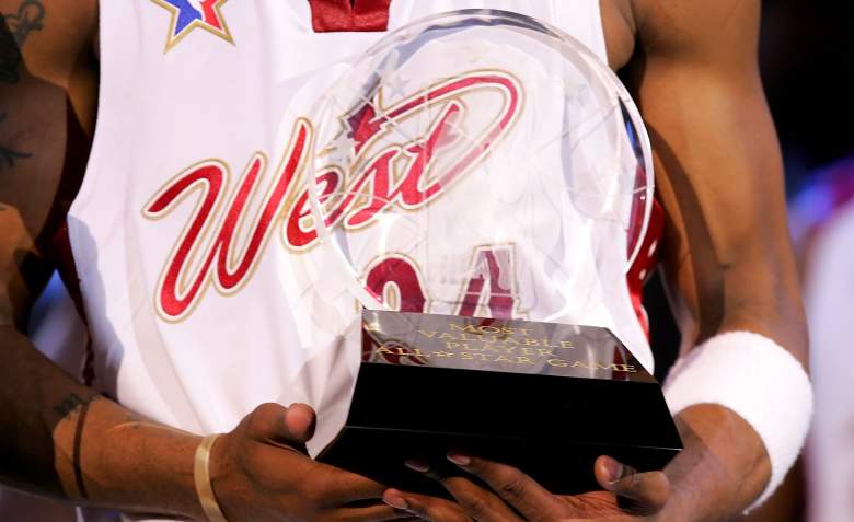 Kobe Bryant holds the 2007 All-Star MVP award