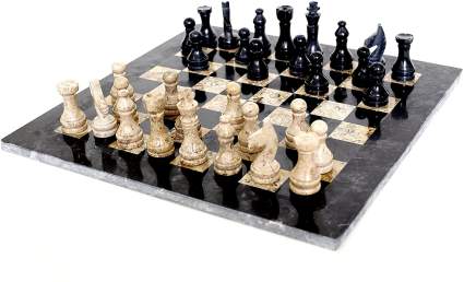 Black and Fossil Coral Weighted Marble Full Chess Game Set