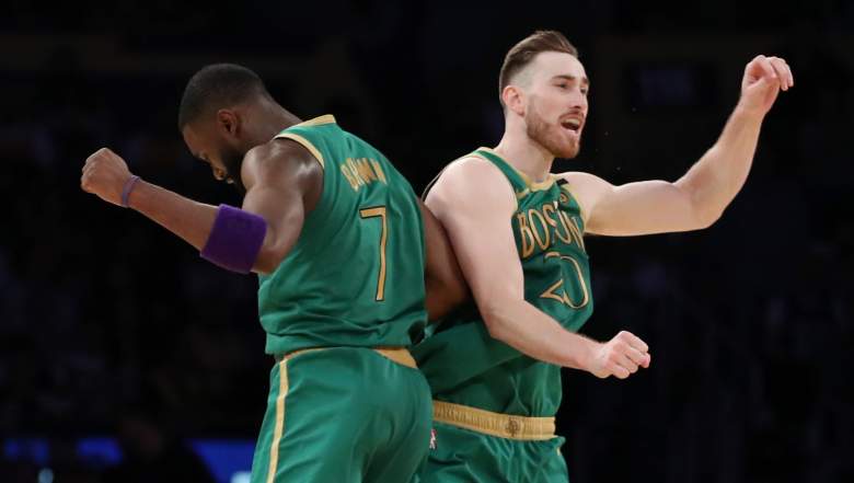 Jaylen Brown, at left, and Gordon Hayward of the Celtics