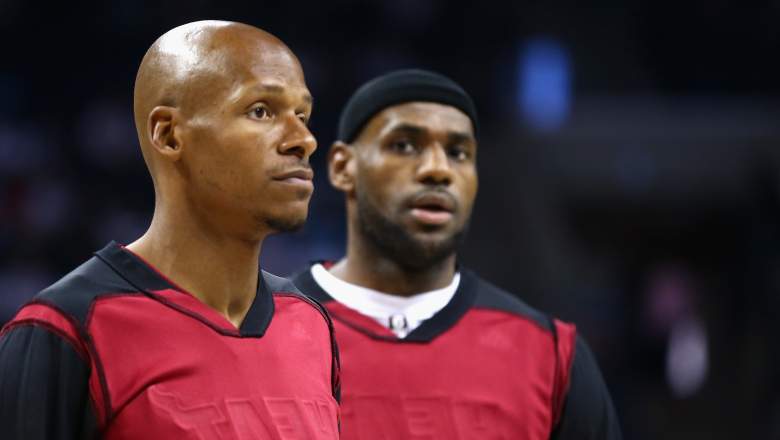 Ray Allen, left, as his head is eyed by LeBron James