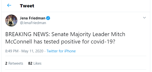 mcconell twitter hoax, mitch mcconnell coronavirus, mcconnell twitter coronavirus, jena friedman