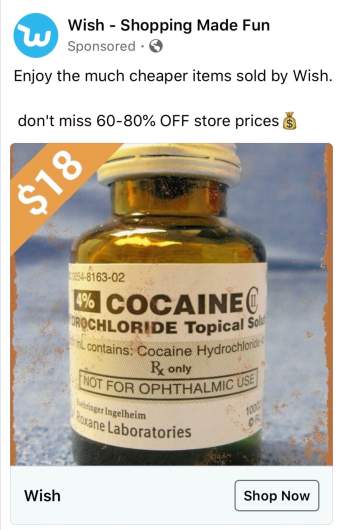 Wish.com cocaine ad